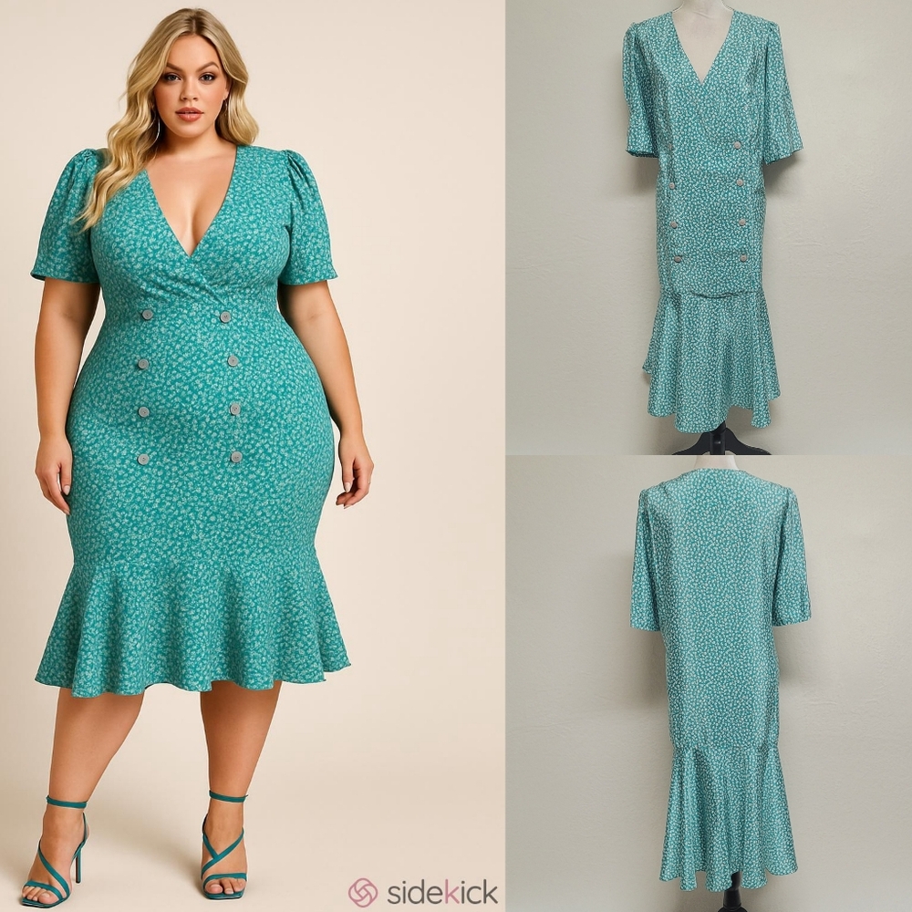 70s Vintage Turquoise Calico Cotton Flower Double Breasted Mermaid Midi Dress 18